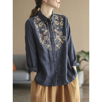 Womens Stylish, Loose-fitting Cotton-linen Long-sleeve Embroidered Shirt