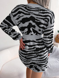 Women Fashion Tiger Print Lantern Sleeve Cinched Sweater Dress