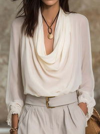 Chiffon Long-sleeve Shirt With Draped Pleats And Balloon Sleeves Top