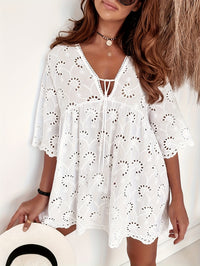 Womens Casual Loose Embroidered Sheer Lace-Trimmed Shirt Dress