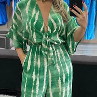 Personalized Print Lace Up V Neck Jumpsuit