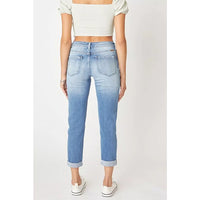 Womens Fashionable Slim-Fit Straight-Leg Ripped Cuffed Denim Jeans