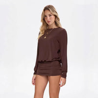 Long-sleeve Off-shoulder Round-neck Solid-color Dress