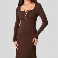 Buttoned Square-neck Long-sleeve Elegant Dress