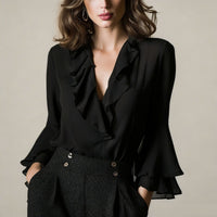 SpringSummer Sweet Ruffle-Trimmed V-Neck Shirt