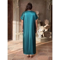 Satin Split Maxi Dress With Three-dimensional Floral Embellishments And Short Sleeves