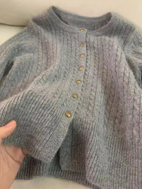 Gray Twist Small Golden Button Knitted Cardigan Wool
