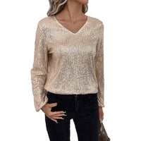Loose-fitting, Long-sleeve V-neck Solid-color Sequin Top Long-sleeve T-shirt