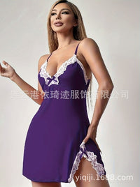 Sexy Deep V Bow Side Slit Slim Slip Nightdress Set