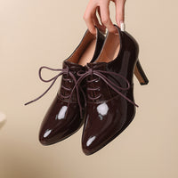 High Heel Lace-up Authentic Leather British Style Pointed Leather Shoes Mid Heel Loafers