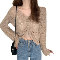 Drawstring V-neck Relaxed-fit Sun-protective Long-sleeve Cover-up