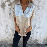 Women's Solid Color Casual Loose Bronzing Short-sleeved Lapel Shirt