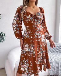 Women's Sexy Tie Knot Floral Print Long Sleeve Split Dress