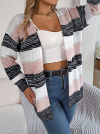 Women Casual Color Block Stripe Lantern Sleeve Cardigan Sweater Coat