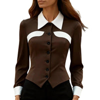 Color-blocked Slim-fit Versatile Long-sleeve Shirt For Women