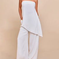 Womens Elegant Sexy Casual Loose Tube Top And Ice Silk Pleated Solid Color Straight Pants Set