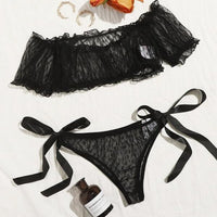 European And American Off-shoulder Tube Top Sexy Underwear Lace Pure Desire Bra Panties Two Pieces See-through Suit