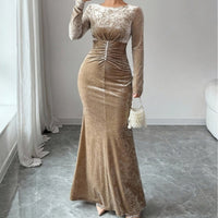 Retro Elegant Pearl-Embellished Waist-Cinching Sheath Velvet Maxi Dress