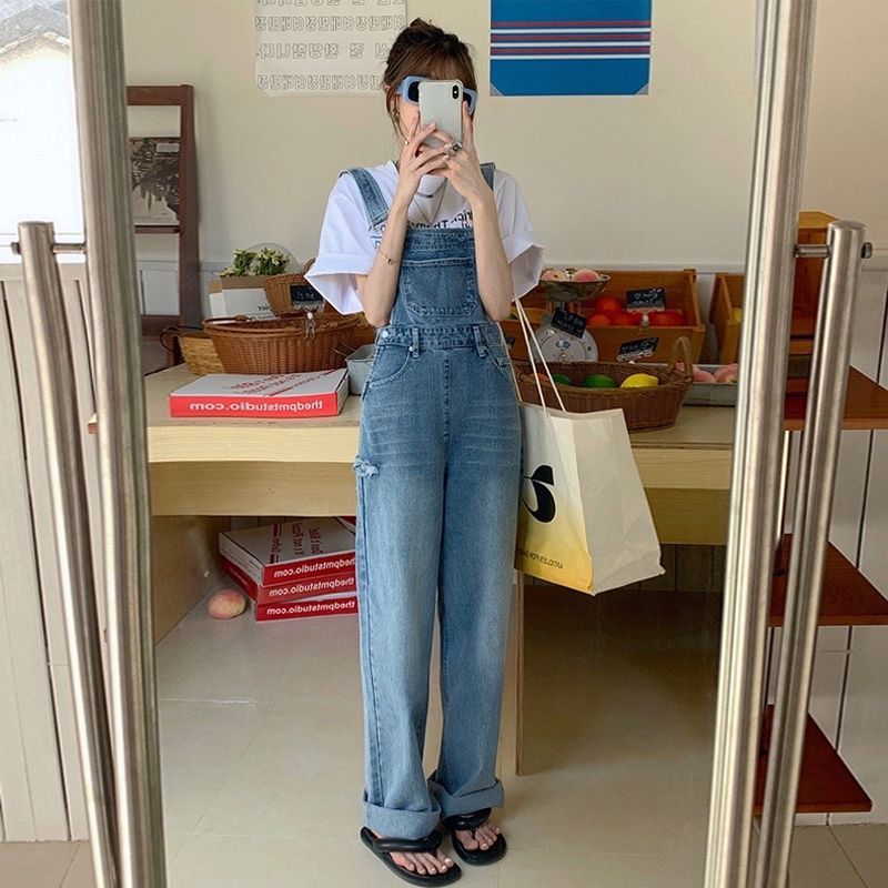 Ripped Denim Suspender Pants Women's Spring Versatile Ins High Waist Straight Wide Leg Mop Trousers Women's