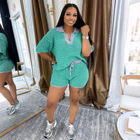 Mid-sleeve V-neck Striped Knit Top And High-waisted Shorts Set