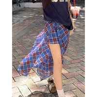 Summer New Arrival Pearl Chiffon Skirt, Asymmetrical Blue Plaid