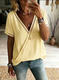 Casual Patchwork Hollow-Out Lace V-Neck Short-Sleeve Top
