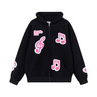 Note Printing Plus Velvet Hooded Sweater Cardigan
