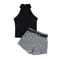 Sunken Stripe Halterneck Vest Houndstooth Printed Shorts Belt Three-piece Set
