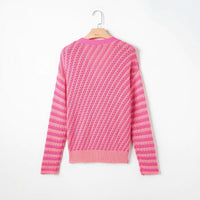 Patchwork Stripes V-neck Loose All-match Women's Cardigan Sweater