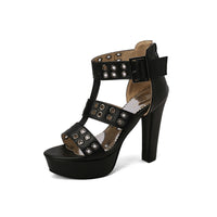 Peep-Toe Chunky Heel Ultra-High Heel Hollow-Out Back Zip High-Heel Sandals Leather Strap Buckle Ankle Boots