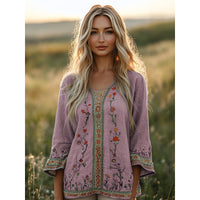 Womens 3D-printed Crew-neck Long-sleeve Retro Bohemian Top