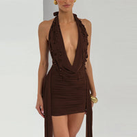 Fashionable Waterdrop-Decorated Ribbon Sexy Backless V-Neck Halter Bodycon Dress