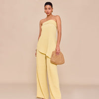 Womens Elegant Sexy Casual Loose Tube Top And Ice Silk Pleated Solid Color Straight Pants Set