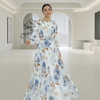 Crew-neck Floral-print Midi Dress With A Matching Belt For A Slimming Fit