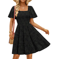 Short-sleeve Square-neck Flowy Floral Dress