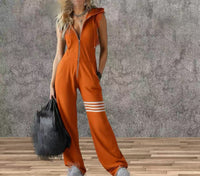 New Style Sporty Retro Lace Striped Sleeveless Hooded Jumpsuit