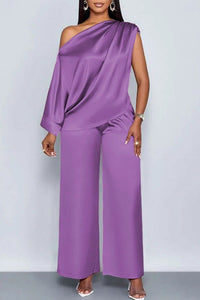 Spot 2026 European And American Cross-border Summer Casual Women's Satin Suit Slanted Collar Short-sleeved Top Trousers Set