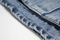 Washed Distressed Multi-pocket Elastic Waist Denim Shorts