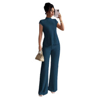 Solid-color Short-sleeve Top And Ribbed Casual Pants Set