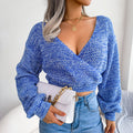 Women Colorful Cross V-Neck Lantern Sleeve Cropped Sweater