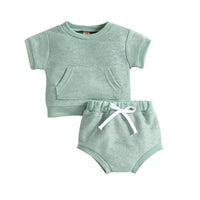 Summer New Short Sleeve Large Pocket Sweatshirt Shorts Suit