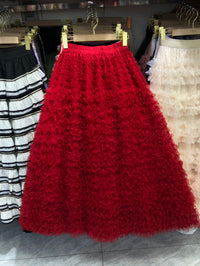 New Colorful Sweet Age-reducing Pleated Solid-color Mesh Midi Puff Skirt