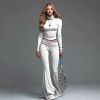 Womens Turtleneck Long-sleeve Flared Pants Two-piece Set