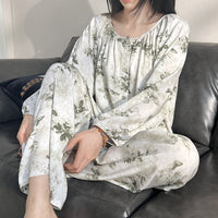 Womens Loose-Fit Long-Sleeve Long-Pants Printed Loungewear Set