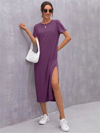 Womens Knitted Short-sleeve Dress With A Round Neck And Side Slit
