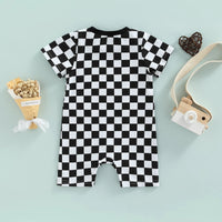 Chessboard Plaid Color Matching Pocket Short Romper