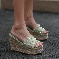 Hemp Rope Rhinestone Sponge Cake One-line Slippers For Women