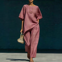 Short-sleeve Top With An Asymmetrical Hem And Wide-leg Pants Set