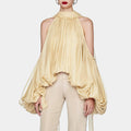 French Style Temperament Bow Lace-up Off-shoulder Chiffon Shirt Women's New Sweet Halter Puff Sleeve Loose Top