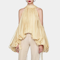 French Style Temperament Bow Lace-up Off-shoulder Chiffon Shirt Women's New Sweet Halter Puff Sleeve Loose Top